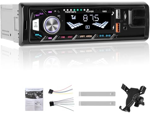 ePathChina Autoradio Bluetooth, singolo DIN 12 V, radio FM, lettore MP3 con ricarica rapida USB, ingresso SD/TF/AUX, retroilluminazione colorata e supporto per telefono, ricevitore audio da cruscotto