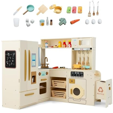 GOPLUS Cocina de Juguete de Esquina para Niñas, Cocinita Infantil con Frigorífico, Horno, Microondas, Lavadora y 22 Accesorios, Cocinita Infantil con Luces y Sonidos para Niños de 3+ Años