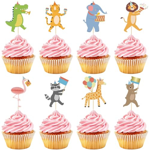 Hooqict 40Pcs Safari Cupcake Toppers Animal Birthday Party Cake Decorations Animal Parade Cupcake Toppers for Kids Jungle Theme Baby Shower Zoo Wild Birthday Party Decorations Supplies