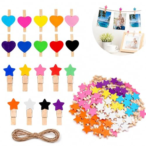 100 Pezzi Mollette Legno Piccole, Mini Mollette in Legno Colorato, Fermagli Piccoli a Forma Cuore e Stella Corda in Iuta 10 m Colorate Foto Cartoline Fai da Te Decorazioni casa Ufficio Eventi