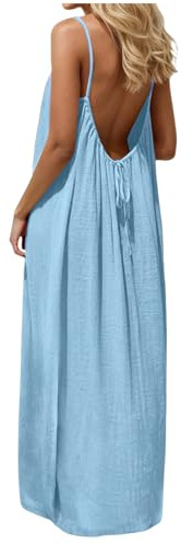 Robe Caraco Dos Nu sans Manches pour Femme, Robe Longue à Bretelles Spaghetti, Robes d'été Longue, légère, Fluide Froncée Robes Ete pour Les Vacances à la Plage Hawaienne Élégant Chic (Sky Blue, S)
