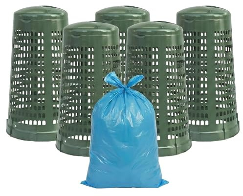 Set 5 Trespolo Porta Sacco 100 Litri Verde Traforato con Coperchio e Fermasacco + 20 Sacchi e 6 Etichette Adesive Bidone Spazzatura per Raccolta Differenziata Giardino Esterno isola ecologica pronta a