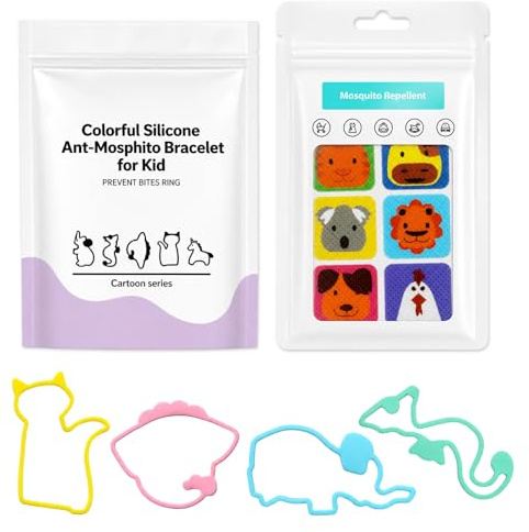 Pulseras Antimosquitos y Parches Repelentes de Mosquitos 20 Pulseras de Dibujos Animados 72 Pegatinas de Animales, Aceites Esenciales Naturales, Protección Larga, para Niños y Adultos en Exteriores