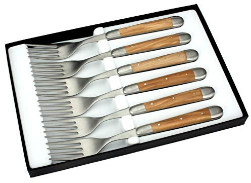 Forge de Laguiole - 6er Set Gabeln - Griff Oliven-Holz - Steakgabeln Frankreich - Stahl matt