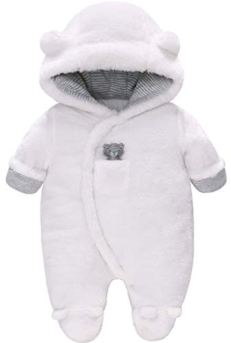 Vine Baby overaller vinter fleece overall med huva flickor pojkar sparkbyxor jumpsuit med fötter, Vit, 6-9 månader