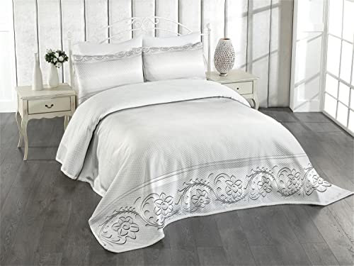 ABAKUHAUS Silber Tagesdecke Set, Klassisches Brautblumenmotiv, Set mit Kissenbezügen Waschbar, für Einzelbetten 170 x 220 cm, Weiß Grau