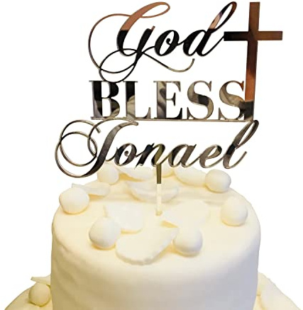 God Bless Name Cake Topper with Cross Any Name Table Centerpieces Custom Baptism Personalized Christening First Communion Religious Party Decor Baby 1st Holy Communion Blessed Sign Blessing Topper