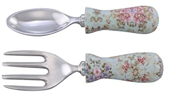 Wooden Salad Servers, Serving Spoon with Natural Wood Handle – 9.5’’X 2.7’’X 1.5’’ Stainless Steel Serving Utensils- Salad Fork and Spoon Set- Cooking Utensils 2 Set (Pink Flower Design)