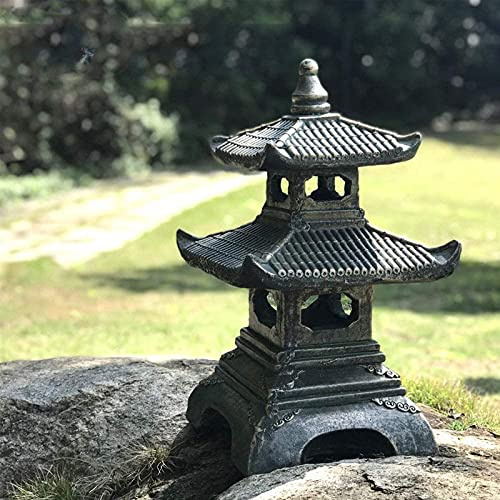 qwqqaq Japanese Style Solar Garden Outdoor Lantern, Resin Asian Pagoda Stone Tower Sculpture (Color : A, Size : 30x30x50cm(12x12x20inch))