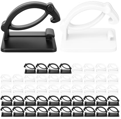Kabel Management Clips zum Kleben, 50 Pack, in Schwarz und Weiss, 19 x 14 mm, Kabelklemmen Set für TV, PC, Küchengerät, Lampe, usw., selbstklebende Kabelhalter, Kabelhalterungen für Wand, Decke, Boden