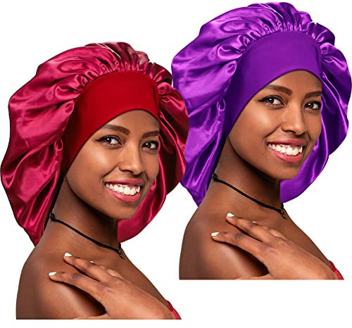 2 Pieces Extra Large Satin Bonnets, Long Hair Sleep Cap with Wide Soft Elastic Band Big Sleeping Bonnet for Women Hair Care
