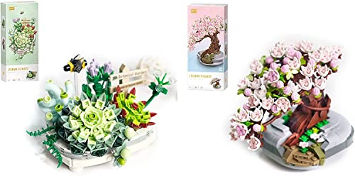AKOGD Sukkulenten & Sakura-Baum Modell, 2 Set Künstliche Blumen Blumenstrauß Botanik Kollektion Bausteine Romantische und Kreative Wohndekorationen