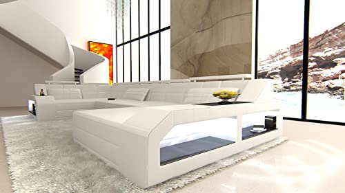 Sofa Wohnlandschaft Arezzo U Form Leder - mit LED Beleuchtung, verstellbare Kopfstützen, Recamiere/Lederfarben wählbar/Ausrichtung Ottomane wählbar (Ottomane rechts, White)
