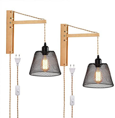 2 Stück Innen Holz Wandleuchte mit Schalter Wandlampe mit Kabel Retro Industrial Style Nachttischlampe mit Stecker Höhe Einstellbar Holzlampe Metallkäfig Schirm E27 Lampenfassung Wandbeleuchtung