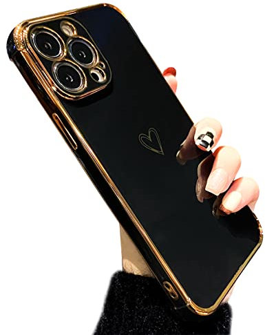 ZTOFERA Compatible with iPhone 12 Pro Max Case for Girls Women, Flexible Silicone Protective Phone Case with Cute Heart Pattern Gold Edging Shockproof Bumper Cover for iPhone 12 Pro Max, Black
