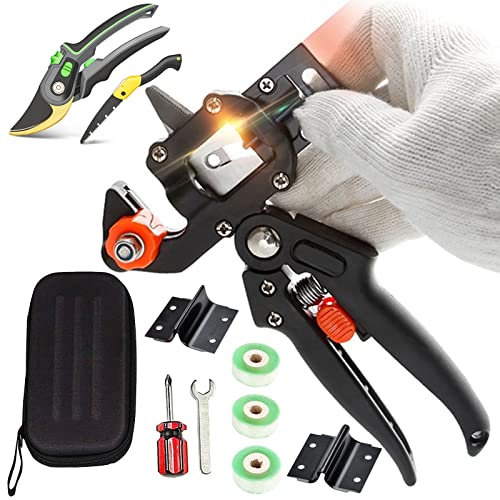 Veredelungsschere Ratschenschere Garten Pfropfschere Obstbäume Pfropfen Schneidwerkzeug mit 3x SK5 Klinge Ersatzmesser Pfropfband Gummiband Pflanzenetiketten Aufbewahrungsbox,Style2