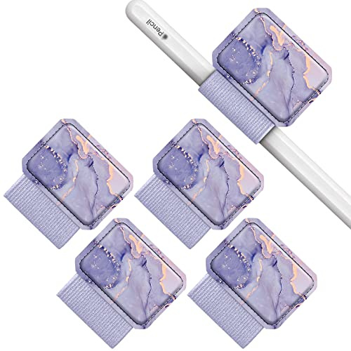 FINTIE 4 Stück Stifthalter Selbstklebend für Apple Pencil und Stylus Stift | Elastisch Kunstleder Pen Loop Holder für Notizbuch, Kalender, Tablet, Ordner, Marmor Lila