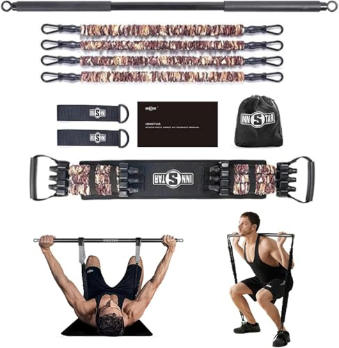 INNSTAR Portable Home Gym, Verstellbares Widerstandsband mit Stange und Kniebeugen-Bändern für Heimtraining, Bankdrücken Brusttrainer Resistance Band Set für Brust, Arm, Beintraining