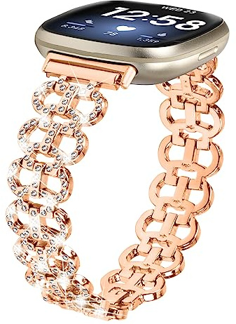 Miimall Armbänder Kompatibel mit Fitbit Versa 4 Armband, Legierung Metall Glitzer Strass Diamant Damen Ersatzarmband für Fitbit Versa 4/Fitbit Sense 2 -Roségold