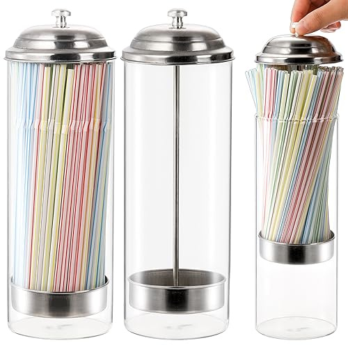 ZEAYEA 2 Pack Glass Straw Dispensers with 200 Pcs Straws, Clear Straw Holder with Stainless Steel Lid, Drinking Straw Organizer Containers for Store, Restaurant, Bar, Home Kitchen, Countertop