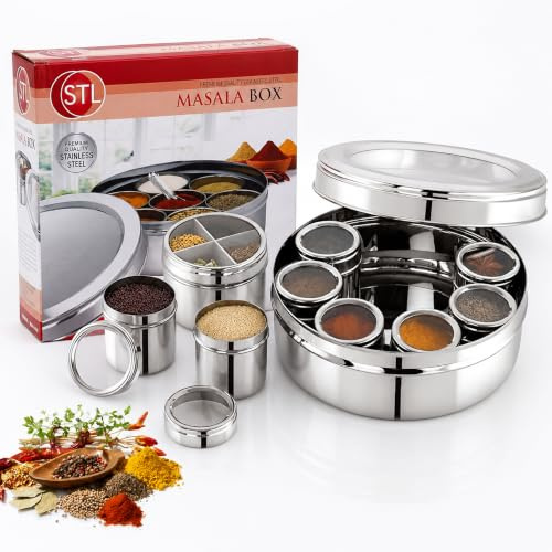 STL Indian Style Stainless Steel Masala Dabba | 9 Removable Compartments, See-thru Lids | Traditional 23cm Spice Box for Indian Cooking | Premium Spice Storage Container