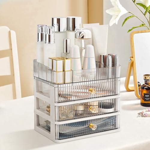 Oemmn Make Up Organizer mit Schubladen Acryl Kosmetik-Organizer mit 3 Schubladen und 14 Fächern Schreibtisch-Aufbewahrungsbox Schmuckkastenf,Schminkaufbewahrung für Schlafzimmer, Badezimmer