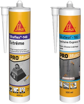 SIKA - Colle de fixation élévée à maintien immédiat - Intérieur et extérieur - Blanc - 290ml + Mastic silicone à séchage rapide - Anti-moisissures - Joint sanitaire - Blanc - 300ml