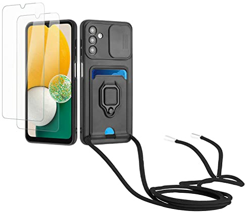 Kaslly Case für Samsung Galaxy A55 Handykette Hülle+[2 Schutzfolie Glas],Slide kameraschutz,Silikon Handyhülle zum Umhängen Kette,Kartenfach-Schwarz