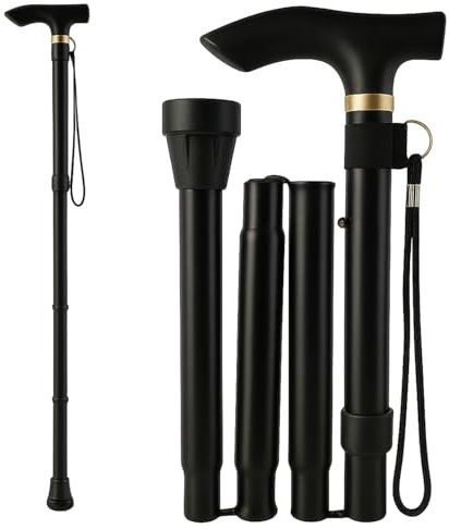 Walking Stick Foldable Walking Sticks for Women Men | Collapsible Folding Walking Stick with Non-Slip Rubber Tip & Wrist Strap | Adjustable Fold Up Walking Cane - Black