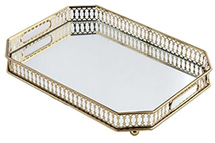 Goldenes Glastablett, Vintage Spiegel Tablett Dekoratives Tablett, Dekoratives Tablett aus Metall, Kosmetisches Tablett aus Glas, 35 x 25 x 5 cm
