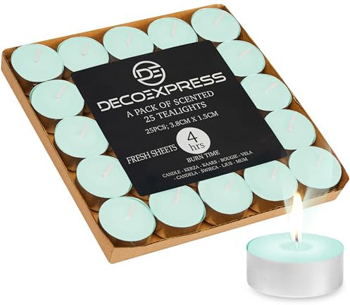 DECO EXPRESS Teelichter Großpackung, 24, 25, 50, 100 oder 200 Teelichter Lange Brenndauer 4, 8 oder 10 Stunden (Frische Bettwäsche 25/4 Stunden)