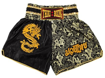 MUAY NATION Pantaloncini Muay Thai per Uomo e Donna, Pantaloncini da Boxe MMA dal Taglio Slim, Abbigliamento da Allenamento per Kickboxing (IT, Testo, XXL, Regular, Regular, Drago Nero)