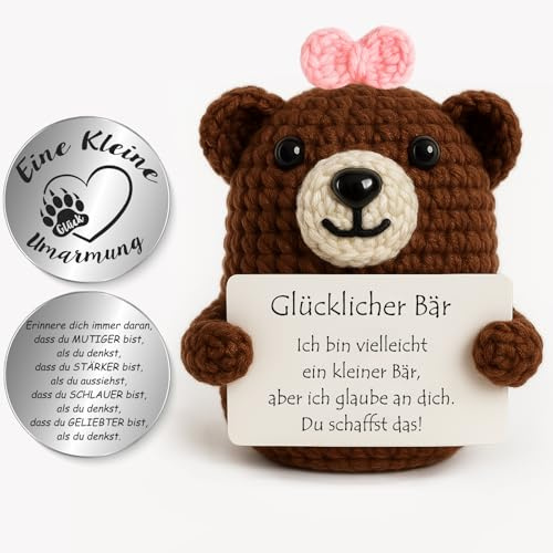 Tixlux Pocket Hug Glücklicher Bär, Kreative Strickwolle Bär Dekofigur und Kleine Umarmung Glücksbringer (Grau/Rosa), MutmacherGeschenk, Gute Besserung Geschenk, Einschulung Geschenk