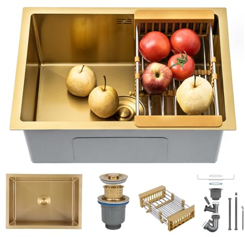 KOOGIMDDR 55 × 40 cm Or Évier de Préparation Mini Trompette Acier inoxydable Multifonctionnel Cuisine Essential Simple Vasque Lavabo avec drainage doré et composants de montage, avec panier de vidage