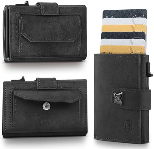 GENTO Geldbörse – kompaktes Portmonee aus Mikrofaser – RFID-Schutz – Premium-Qualität – 8 Kartenfächer – Münzfach mit Druckknopf – 3 Farben – Schiebemechanismus für Karten – Geschenkbox (Schwarz)