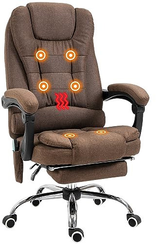 Vinsetto Uppvärmd masserande kontorsstol, ergonomisk kontorsstol, justerbar höjd, vilande ryggstöd, ländryggskudde + integrerat fotstöd, brun