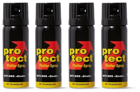 4 Stück Pfefferspray PROTECT Anti-Dog Direktstrahl 50ml KO Spray Tierabwehrspray zur Selbstverteidigung Reizstoffspray in verschiedenen Sprühvarianten