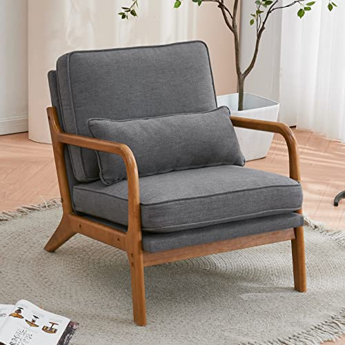 Bonnlo Accent Chair, Soild Wood Padding Lounge Armchairs, Occasional Reading Chair with Cushions and Lumbar Pillow, Armchairs for Living Room, Bedroom, Guest Room (Deep Grey, Linen)