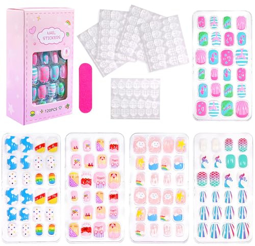 Virellay 120 Stücke Kinder Nägel - Fingernägel zum Aufkleben für Mädchen mit Jelly Kleber - 5 Verschiedene Designs Kunstnägel Kinder, Schönes Geschenk für Mädchen (TD153-2, 120 pcs)