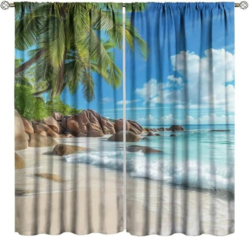 3D Kinderzimmer Verdunkelungsvorhänge Strandbaumlandschaft,3D-Gedruckte Vorhänge Wohnzimmer Bürovorhänge Energiesparende Geräuschreduzierende Kindergardinen - Vorhang Für Das Esszim-220489805232570