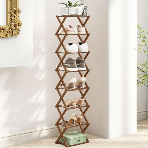 JF HOME BLISS Folding Shoe Storage Rack 8 Tier Vertical Shoe Rack Bamboo Freestanding Organiser No Assembly Slim Narrow Storage Shelf for Small Spaces Hallway Bedroom Entryway Corne(Brown)