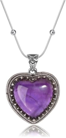 Jovivi Amethyst Heart Necklace for Women,Purple Healing Crystal Gemstone Heart Pendant Womens Ladies Vintage Silver Necklace Jewellery Gifts for Women Mum Birthday