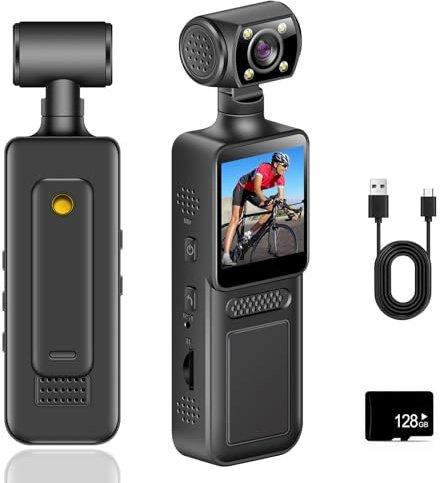 BAKENLON 4k Pocket Camera, Telecamera corpo con registrazione audio e video, Mini Vlog Videocamera Tascabile Rotazione 180°, Visione Notturna Automatica & Rilevamento, per Azione Conferenze Viaggio
