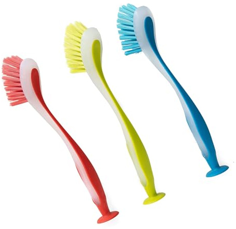 Set di 3 spazzole abrasive da cucina con base a ventosa, manico lungo ed ergonomico, colori assortiti per lavare i piatti, igienici, con manico lungo