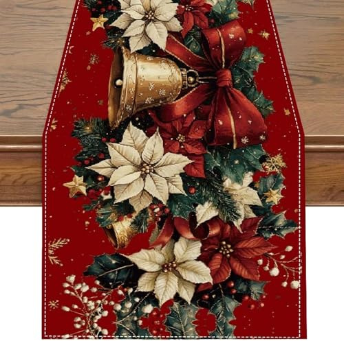 BSITSSS Julbordslöpare 33 x 183 cm, röd julbordslöpare, julklockor julstjärna blommor bordsdekoration för jul säsongsbetonad hemmafest dekor