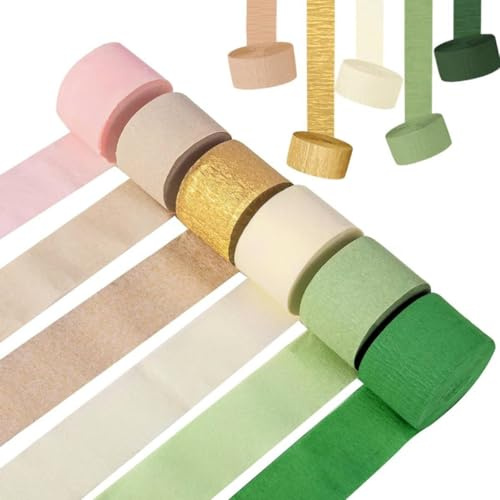 12 Rollen Grün Gold Khaki Krepppapier，BetterJonny Krepppapier Luftschlangen Dekoration Kreppbänder für Geburtstag Babydusche Vintage Hochzeitsfeier Dekorationen(4.5 cm x 25 m)