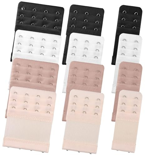 Thrymme 12PCS Bra Extenders 3 Hooks/4 Hook/2 Hook, Nylon Elastic bra strap extender, bra extensions for Women Lingerie (Black, White, Flesh Color, Aipricot)