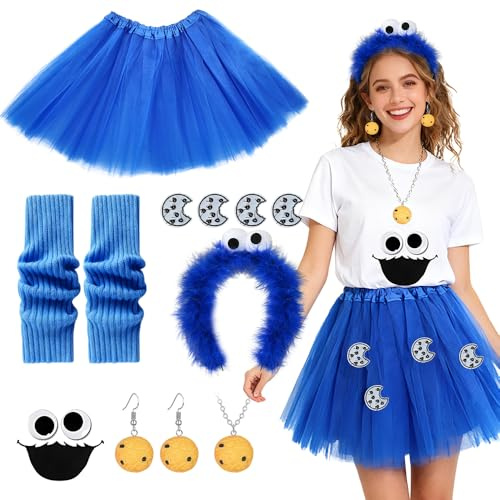 SGZIOO 8 Stück krümelmonster Kostüm Damen, Cookie Monster Kostüm mit Tüllrock Blau, Haarreif, Keks Ohrringe Halskette, Beinstulpen, Augen Mund Keks Aufkleber, für Karneval Fasching Mottoparty