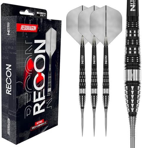 Röd DRAGON Darts – Recon-serien – 25 g Torpedo-fat stålarts – dartpilar metallspets – 90 % volfram professionell dartpilar – Nitro Flite integrerad flyg/schakt, dartvingar och skaft