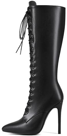 Veelau Meieer Bottes montantes à lacets à talons hauts avec fermeture éclair pour femme, Noir en polyuréthane., 42 EU